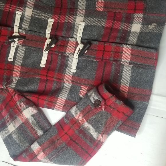 ABERCROMBIE RED GRAY PLAID COAT JACKET GIRLS XL WOOL JACKET HOODED - Picture 2 of 16